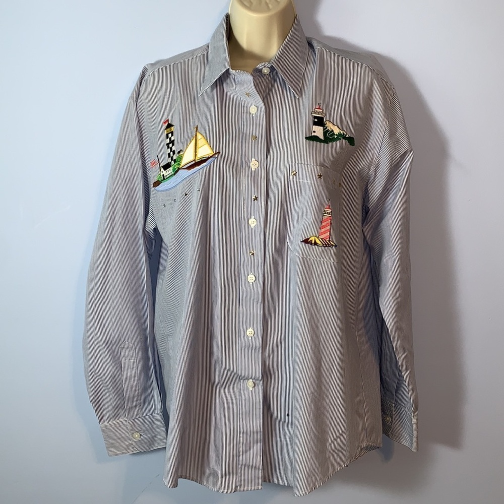 Las Olas Blue white Striped Button up Shirt Lighthouse Embroidery stars medium